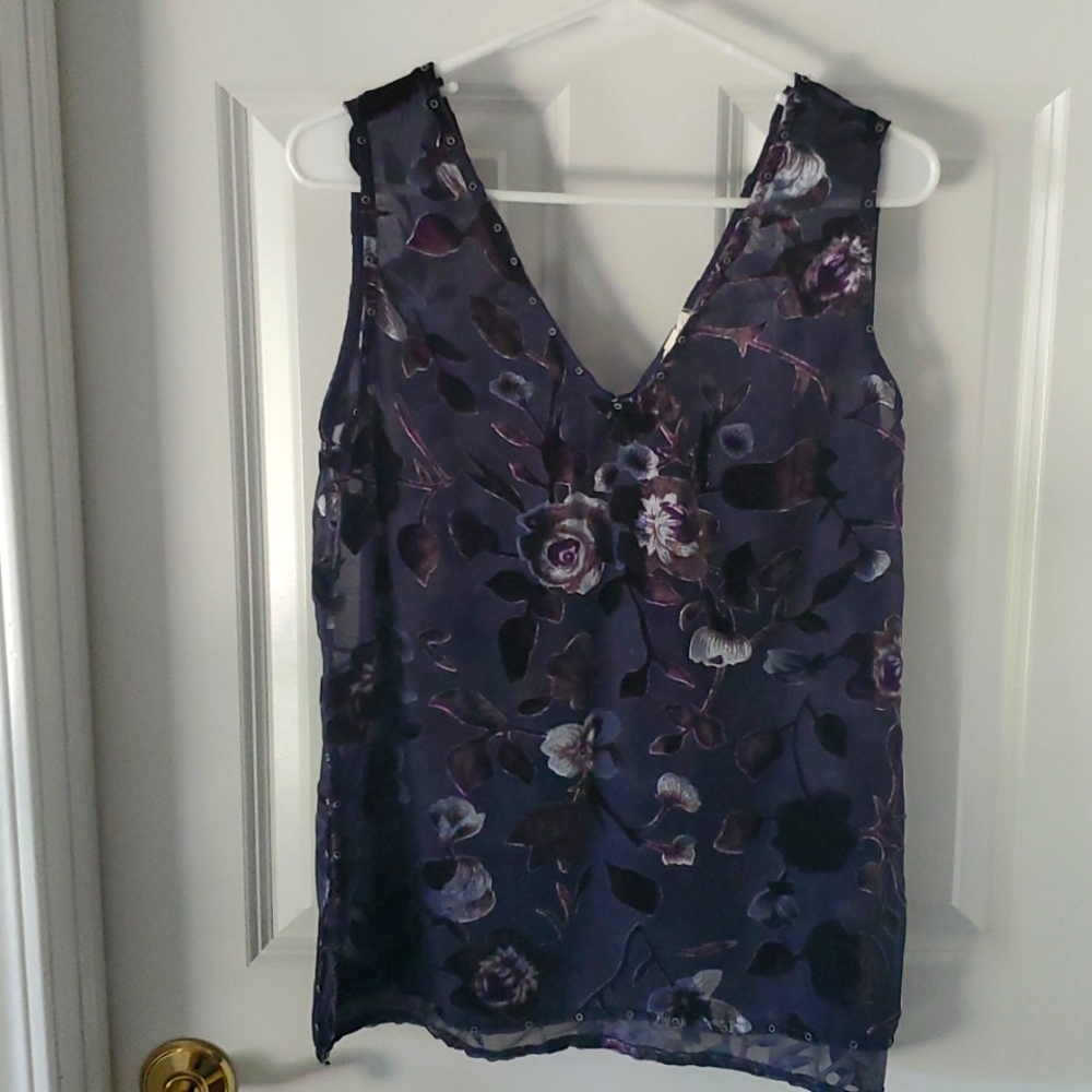 POL Blue Purple Multicolor Velvet Floral Sheer Tank Top Size S